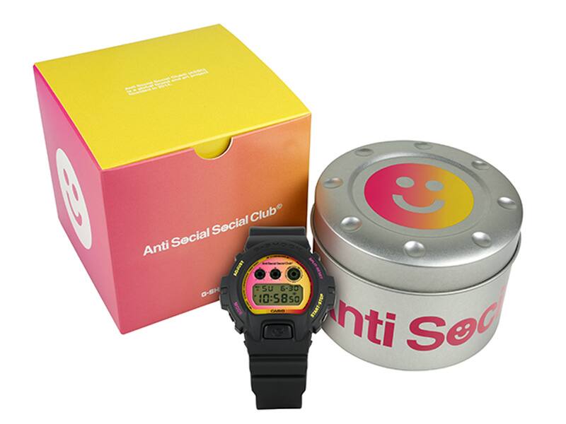 DW6900ASSC23-1 G-SHOCK ANTI SOCIAL SOCIAL CLUB Collaboration watch displayed with its special packaging
