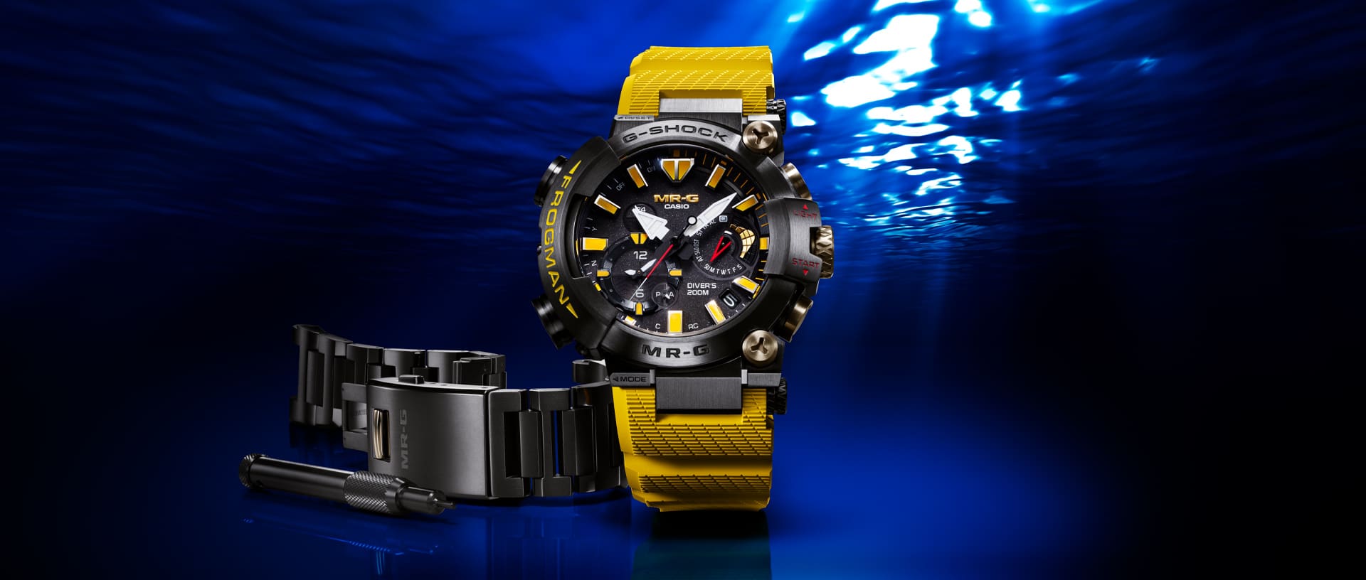 G-SHOCK MRGBF1000E-1A9 FROGMAN black analog watch with yellow band