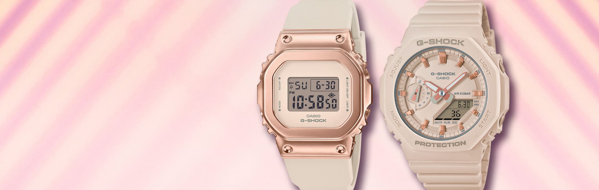 Two Pink G-SHOCK watches one digital and one analog digital