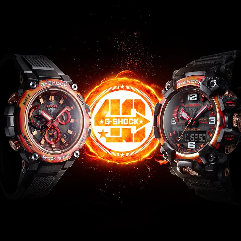 Flare red 40th anniversary watches with Sun and logo overlay