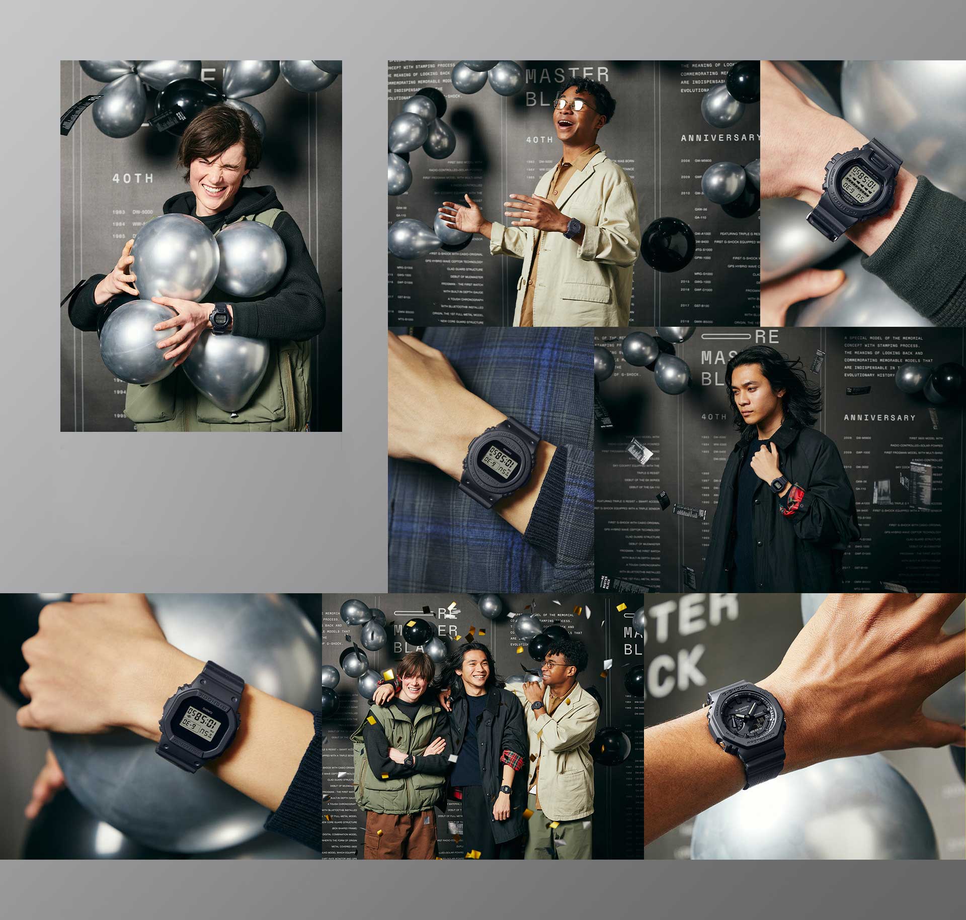 Collage of people wearing G-SHOCK watches while holding black and silver balloons