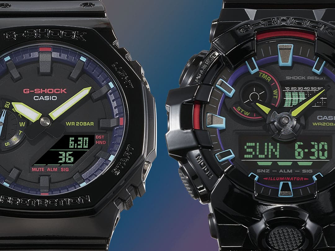 G-SHOCK RGB Gamer GA-2100RGB and GA-700RGB multicolored watch faces