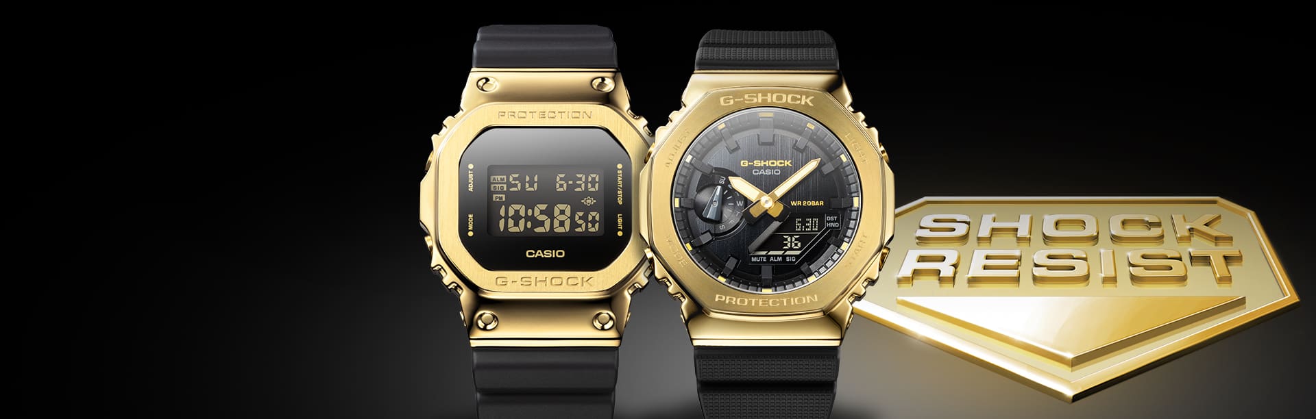 GM-2100G-1A9 Analog Digital and GM-5600G-9 Digital gold watches with black bands next to shock resist badge
