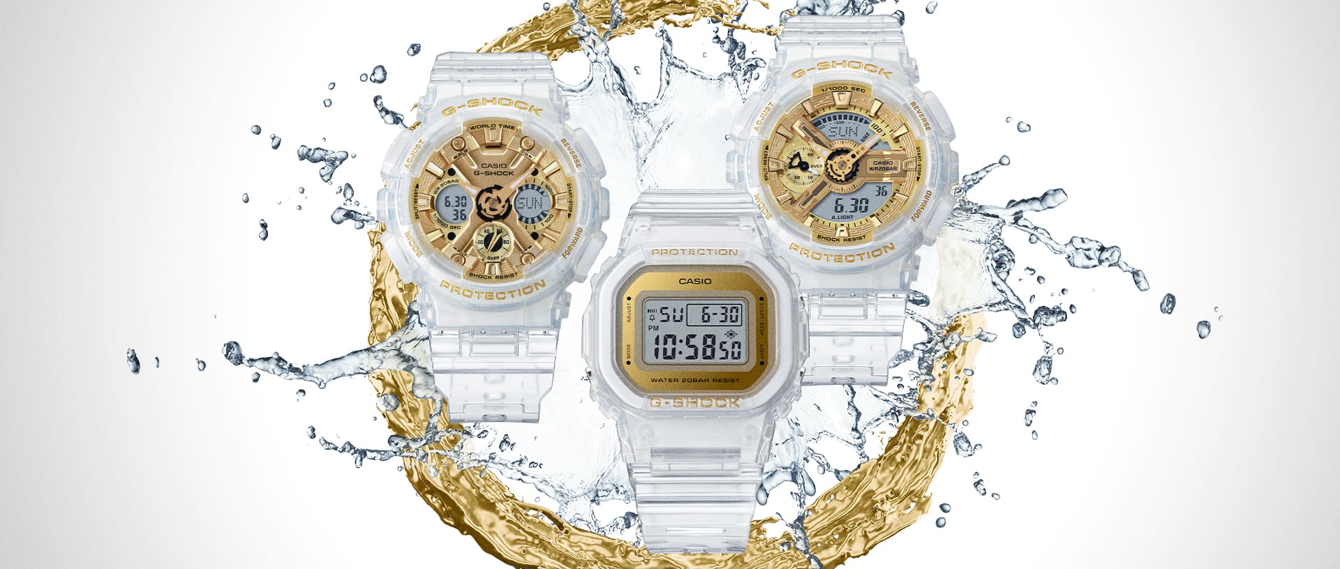 G-SHOCK Women's transparent watches with gold face, GMAS110SG-7A, GMAS120SG-7A, GMDS5600SG-7 