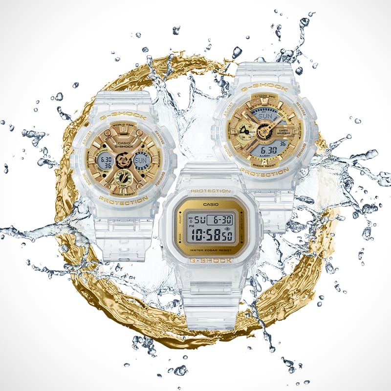 G-SHOCK Women's transparent watches with gold face, GMAS110SG-7A, GMAS120SG-7A, GMDS5600SG-7 