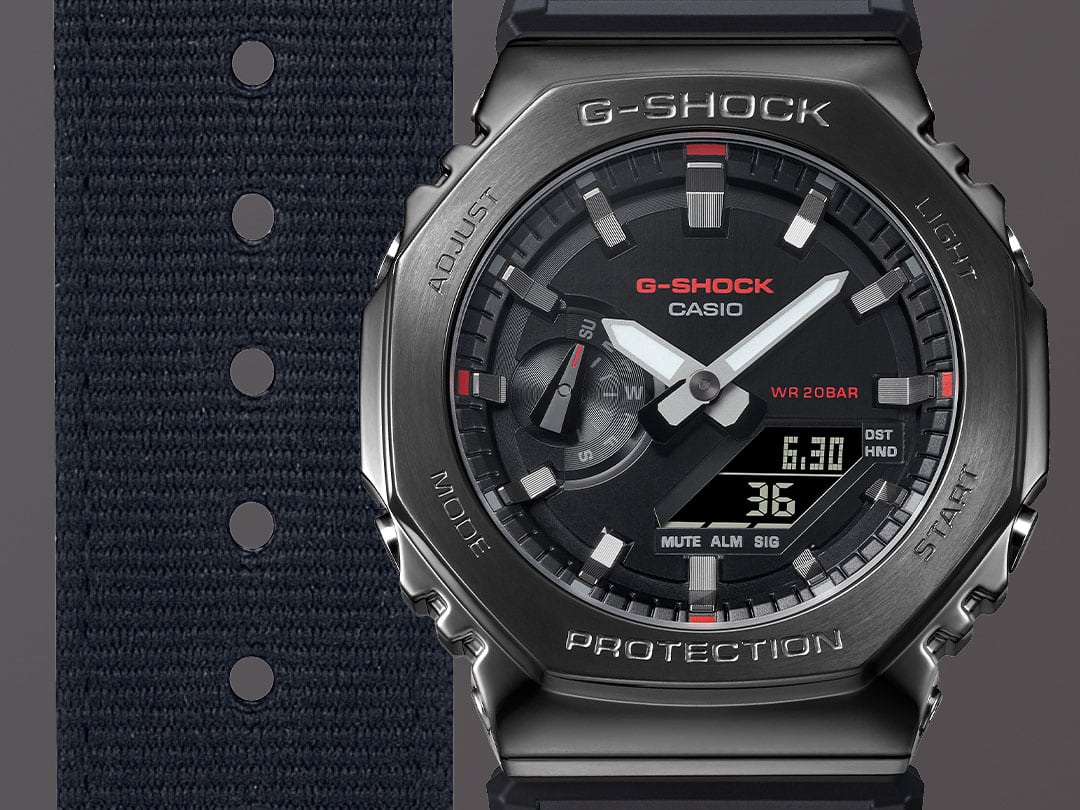G-SHOCK GM2100CB-1A Black analog digital metal covered utility watch with black fabric band