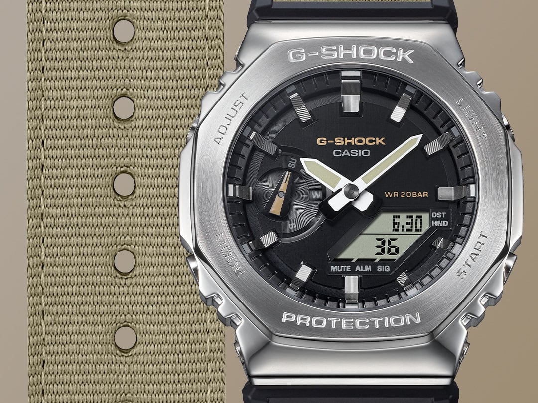 G-SHOCK GM2100C-5A Silver Beige analog digital metal covered utility watch with beige fabric band