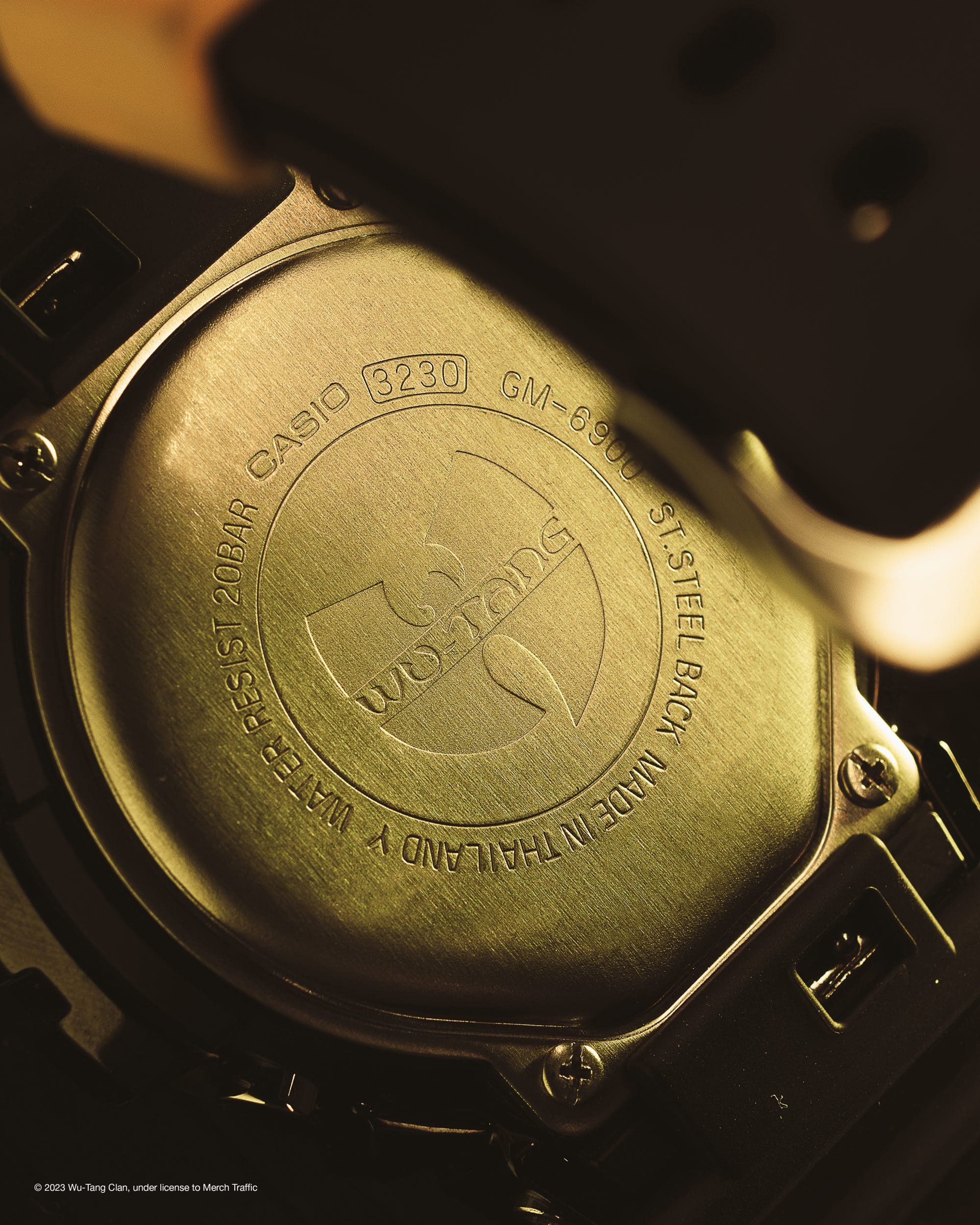 Close up shot of Wu-Tang logo on the special engraving on the watch case back